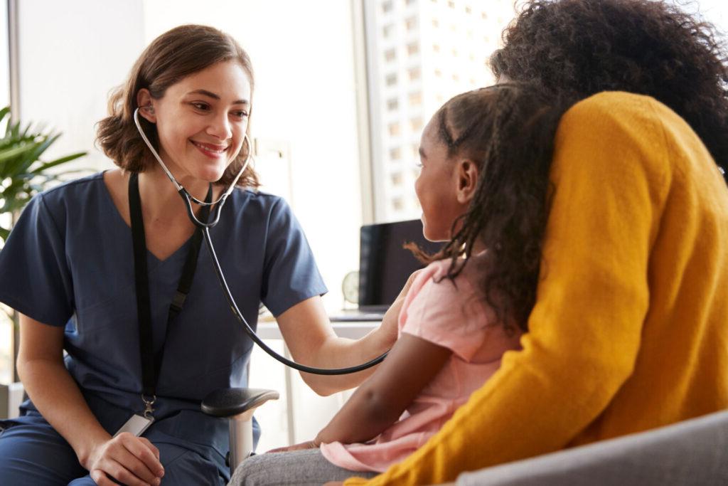 With an HSA checking account, a mom peacefully brings her daughter to the doctor, ready for deductibles.